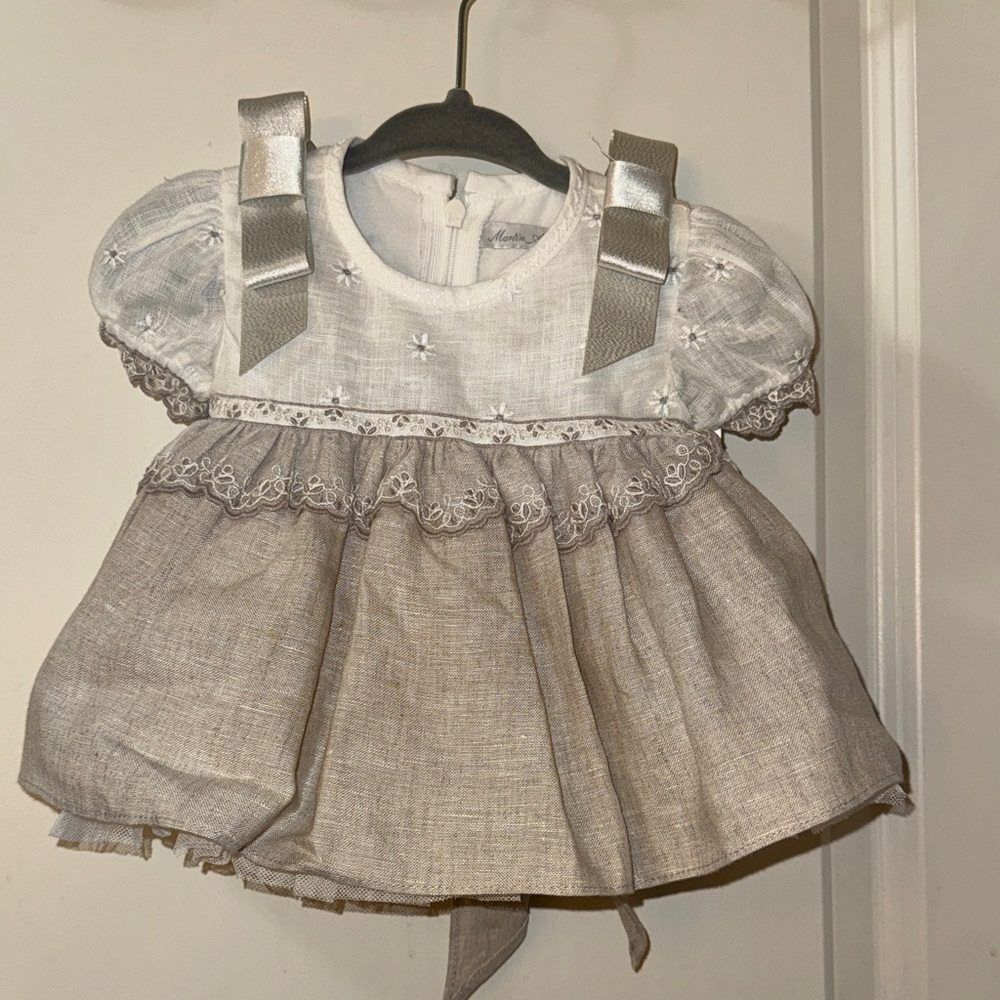 Martin Aranda Beige/white floral linen Baby Dress with bloomer-6 m